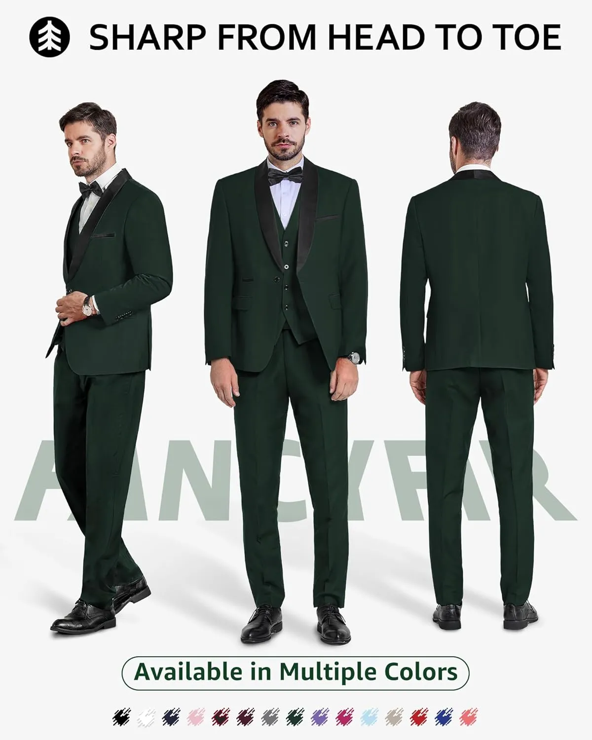 Men's Slim Fit 3-Piece Tuxedo Set, One Button Shawl Collar Jacket Vest Pants for Party, Business and Wedding