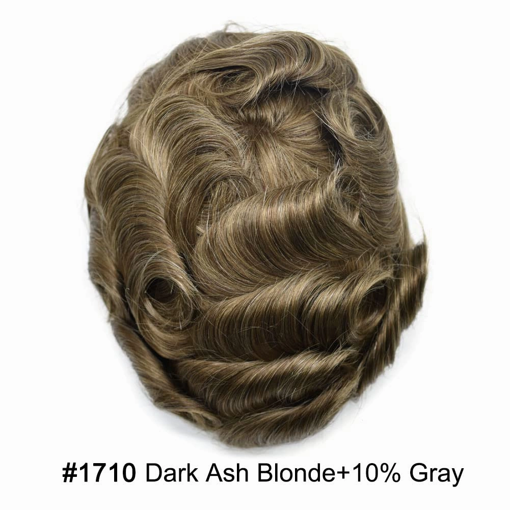 Mens Toupee Hair Piece For Men Human Hair Replacement System French Lace Male Hair Prosthesis Toupee For Men Hairpieces 7x9Light to medium density#1710 17# DARK ASH BLONDE 10% GREY