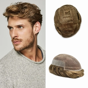 Mens Toupee Hair Piece For Men Human Hair Replacement System French Lace Male Hair Prosthesis Toupee For Men Hairpieces 7x9Light to medium density#1710 17# DARK ASH BLONDE 10% GREY
