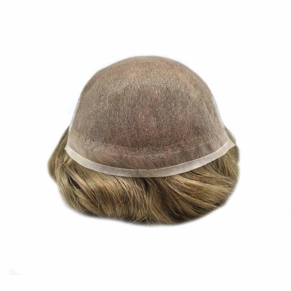 Mens Toupee Hair Piece For Men Human Hair Replacement System French Lace Male Hair Prosthesis Toupee For Men Hairpieces 7x9Light to medium density#1710 17# DARK ASH BLONDE 10% GREY