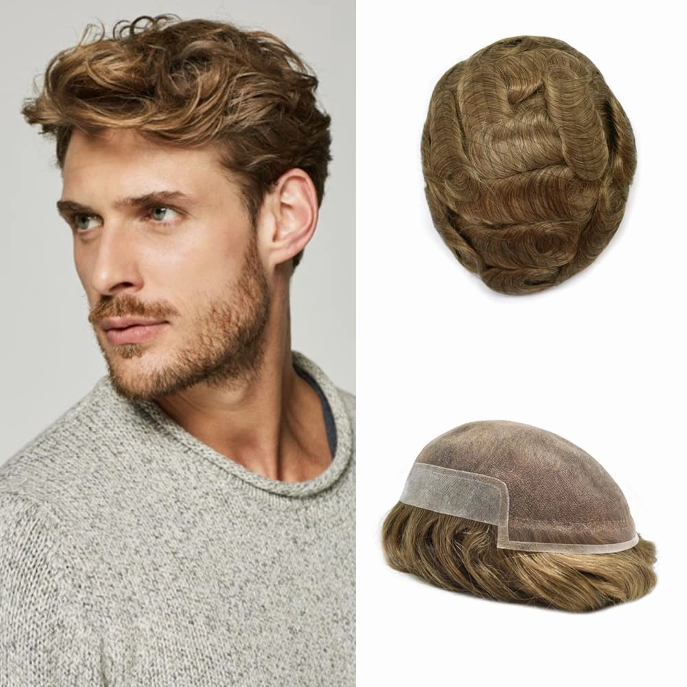 Mens Toupee Hair Piece For Men Human Hair Replacement System French Lace Male Hair Prosthesis Toupee For Men Hairpieces 7x9Light to medium density#1710 17# DARK ASH BLONDE 10% GREY