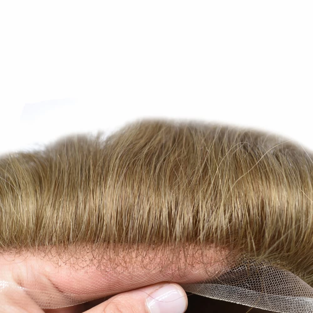 Mens Toupee Hair Piece For Men Human Hair Replacement System French Lace Male Hair Prosthesis Toupee For Men Hairpieces 7x9Light to medium density#1710 17# DARK ASH BLONDE 10% GREY