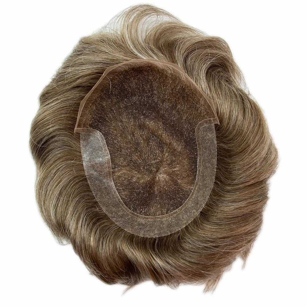 Mens Toupee Hair Piece For Men Human Hair Replacement System French Lace Male Hair Prosthesis Toupee For Men Hairpieces 7x9Light to medium density#1720 17# DARK ASH BLONDE 20% GREY