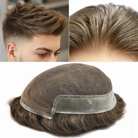 Mens Toupee Hair Piece For Men Human Hair Replacement System French Lace Male Hair Prosthesis Toupee For Men Hairpieces 7x9Light to medium density#1720 17# DARK ASH BLONDE 20% GREY