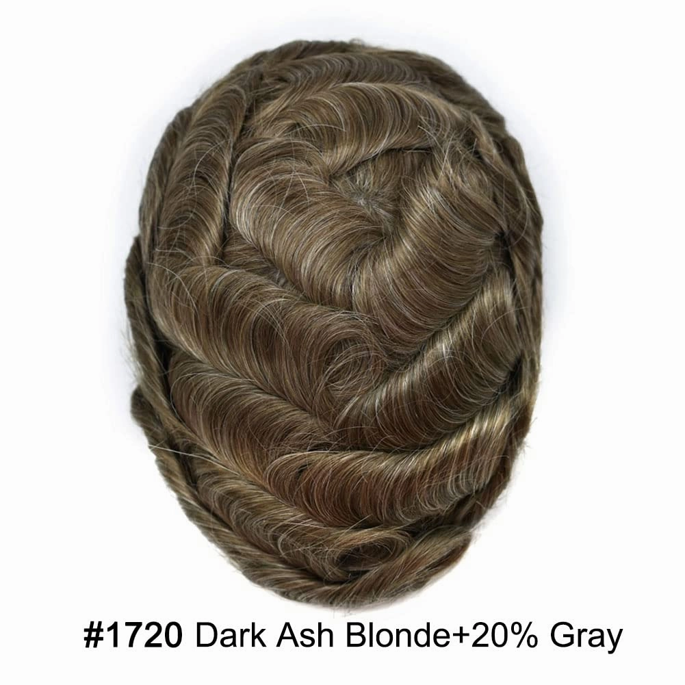 Mens Toupee Hair Piece For Men Human Hair Replacement System French Lace Male Hair Prosthesis Toupee For Men Hairpieces 7x9Light to medium density#1720 17# DARK ASH BLONDE 20% GREY