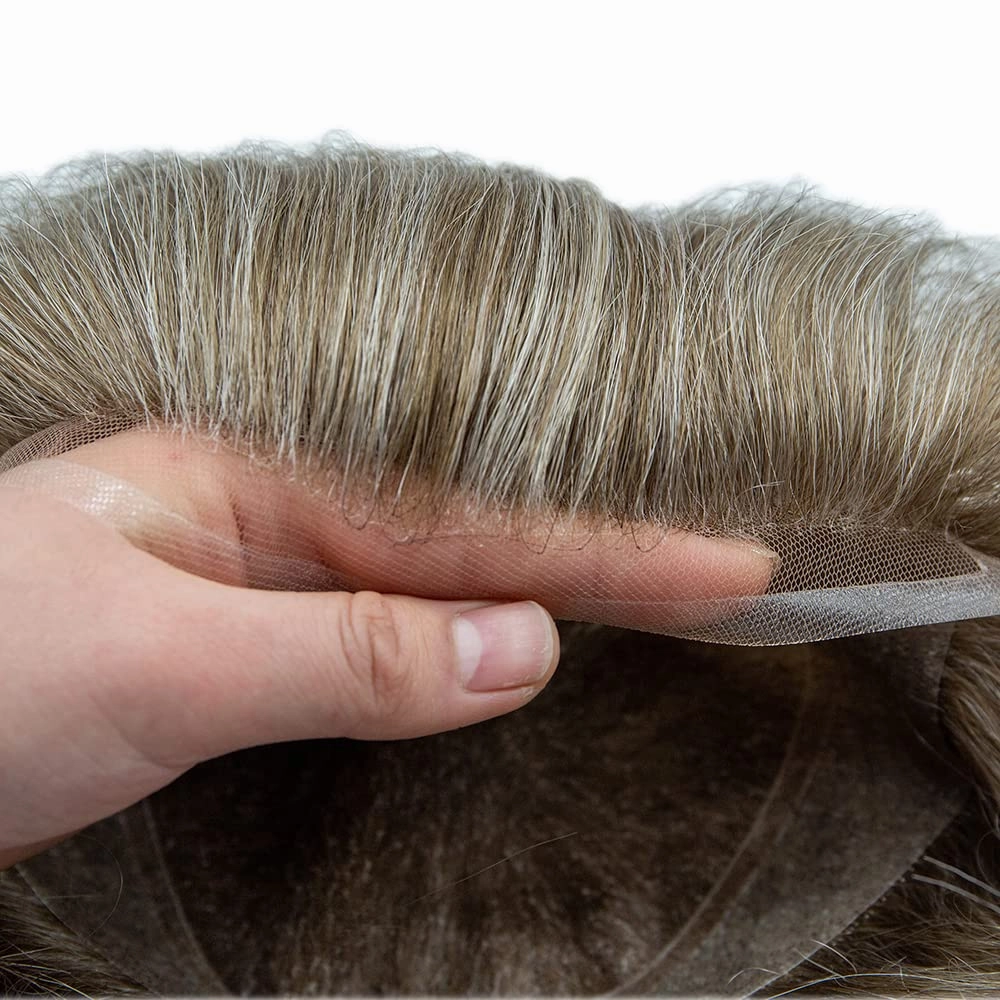 Mens Toupee Hair Piece For Men Human Hair Replacement System French Lace Male Hair Prosthesis Toupee For Men Hairpieces 7x9Light to medium density#1720 17# DARK ASH BLONDE 20% GREY