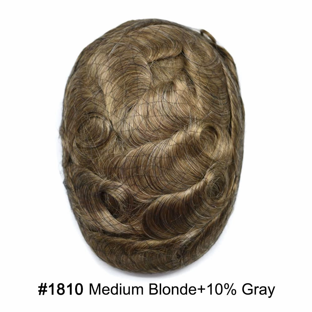 Mens Toupee Hair Piece For Men Human Hair Replacement System French Lace Male Hair Prosthesis Toupee For Men Hairpieces 7x9Light to medium density#1810 18# MEDIUM BLONDE 10% GREY