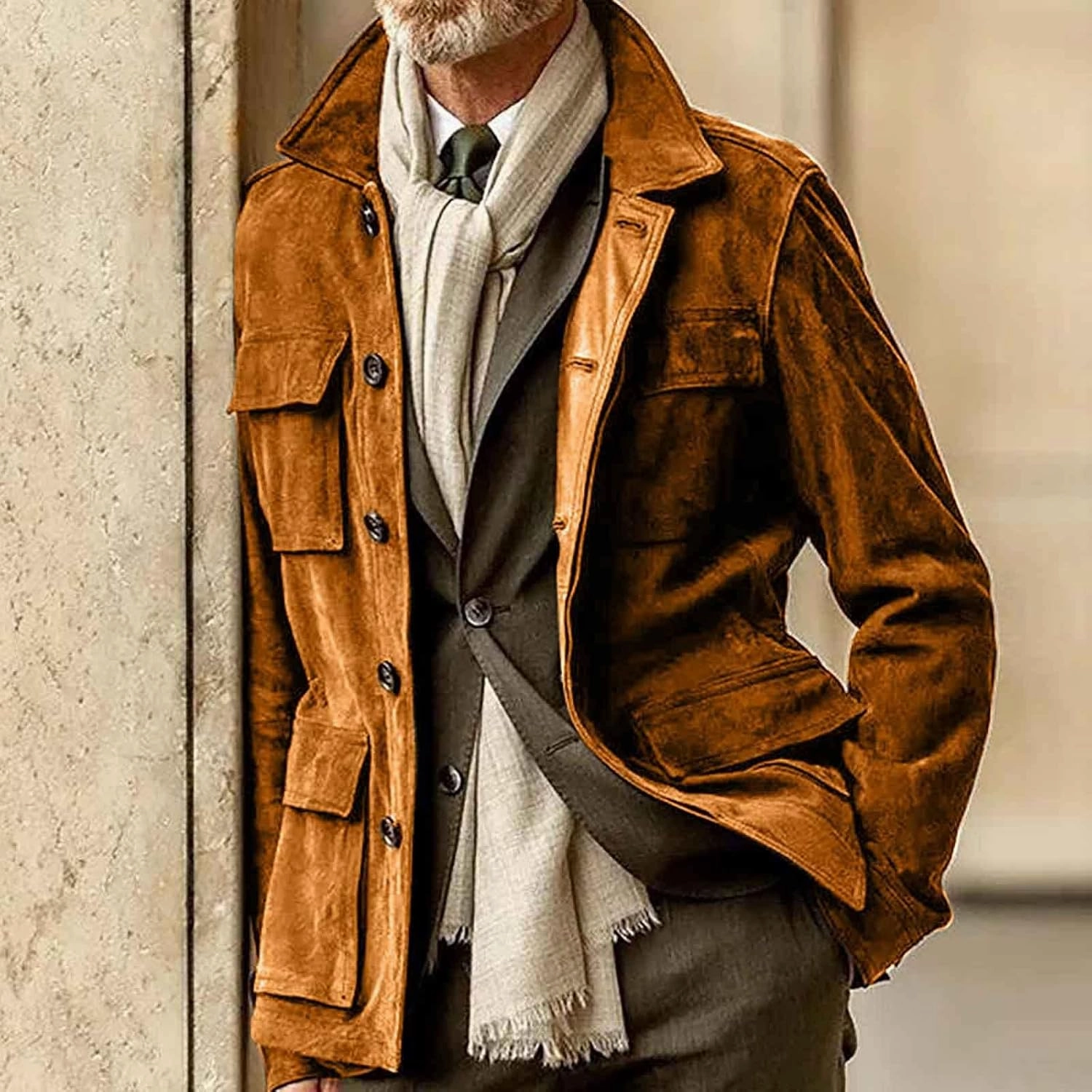 Mens Waterproof Suede Jacket Coat Vintage Classic Leather Jacket Casual Lapel Button Down Long Sleeve Winter Coats