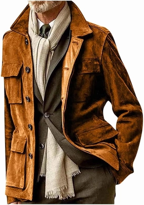 Mens Waterproof Suede Jacket Coat Vintage Classic Leather Jacket Casual Lapel Button Down Long Sleeve Winter Coats