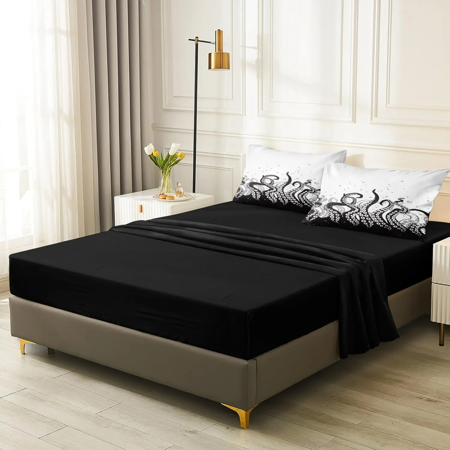 Merryword Ocean Octopus Twin 6-Piece Bed in a Bag - Black & White Underwater Comforter Set