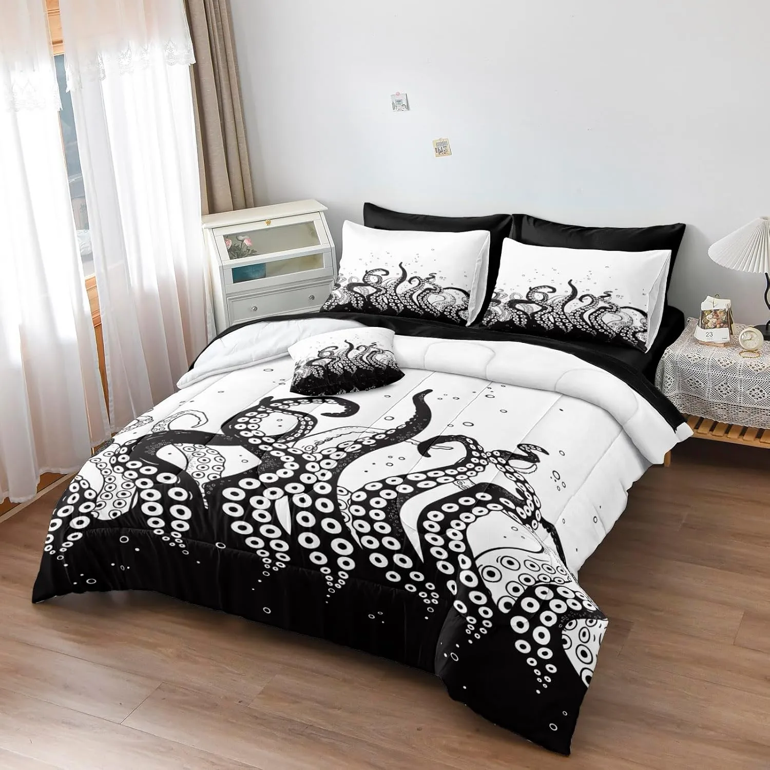 Merryword Ocean Octopus Twin 6-Piece Bed in a Bag - Black & White Underwater Comforter Set