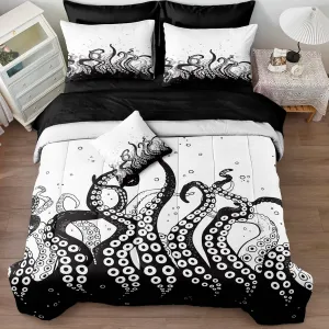 Merryword Ocean Octopus Twin 6-Piece Bed in a Bag - Black & White Underwater Comforter Set