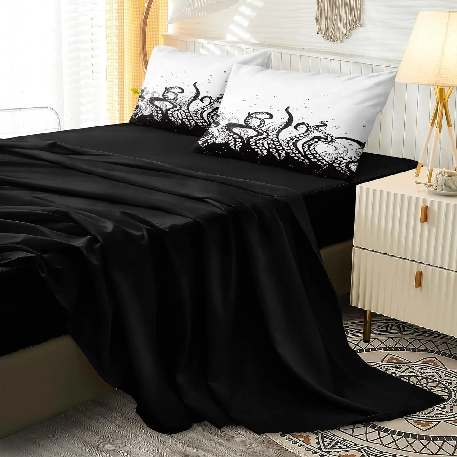 Merryword Ocean Octopus Twin 6-Piece Bed in a Bag - Black & White Underwater Comforter Set