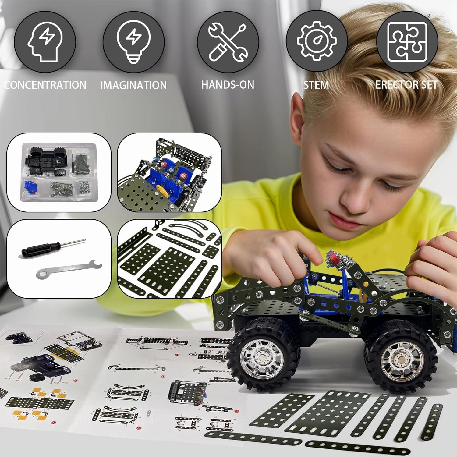 Metal Model Car Kits - 283 Pcs Erector Sets for Boys Age 8-12, Building Toys, STEM Kits for Kids Age 8-10, Assembly Jeep Project Army Toys for Ages 14 and Up, Gifts for 15 16 Year Old Boys and Adults