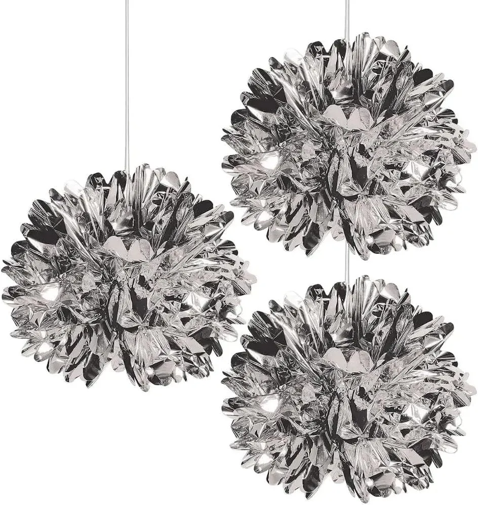 Metallic Silver Fluff Balls Foil - 16" (1 Set of 3) - Ideal for Weddings, Celebrations, DIY Crafts & Home Decor