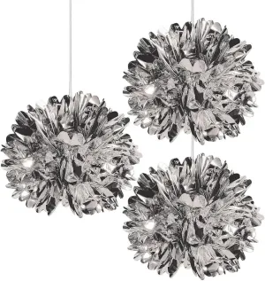 Metallic Silver Fluff Balls Foil - 16" (1 Set of 3) - Ideal for Weddings, Celebrations, DIY Crafts & Home Decor