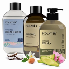 Micellar Anti-Pollution Shampoo, Argana & Vanilla Shower Gel & Moisturizing Body Milk Set – Coconut Oil, Mulberry Extract, Avocado Oil for Soft Skin & Hair