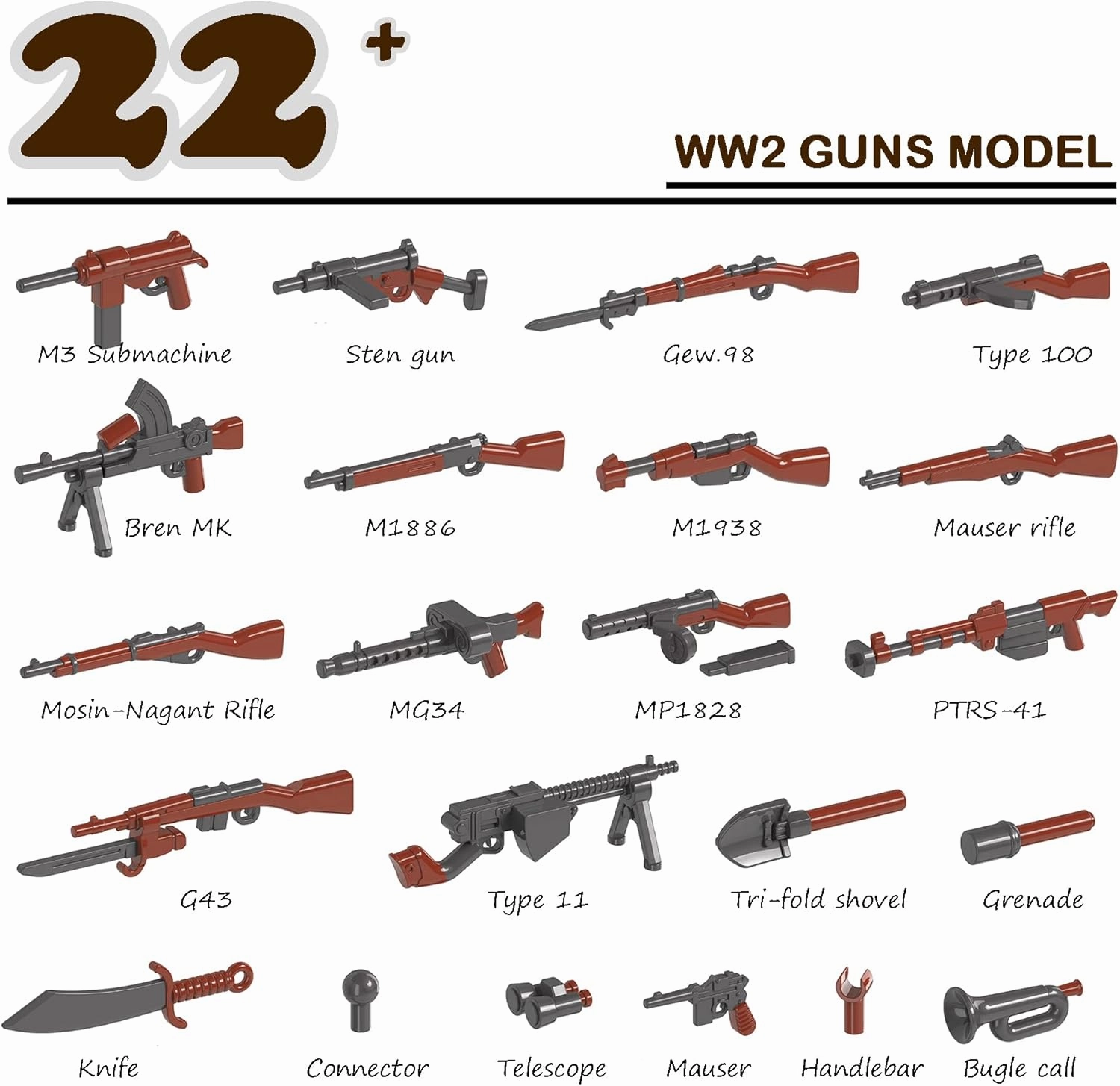 Military Weapons Pack, WW2 Army Gear Kit Bricks Accessories Set, SWAT Building Blocks Parts for Soldier Figures, Compatible with Major Brands