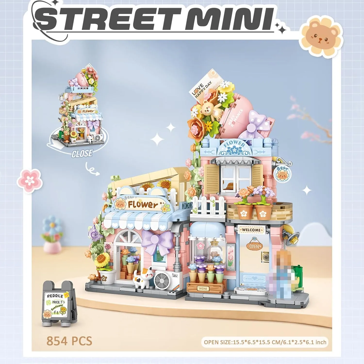 Mini City Shop Street View Building Blocks Model Set,Simulation Animals Architecture Collection Particle Construction Building Bricks Toy,Home Decoration (Flower Shop)