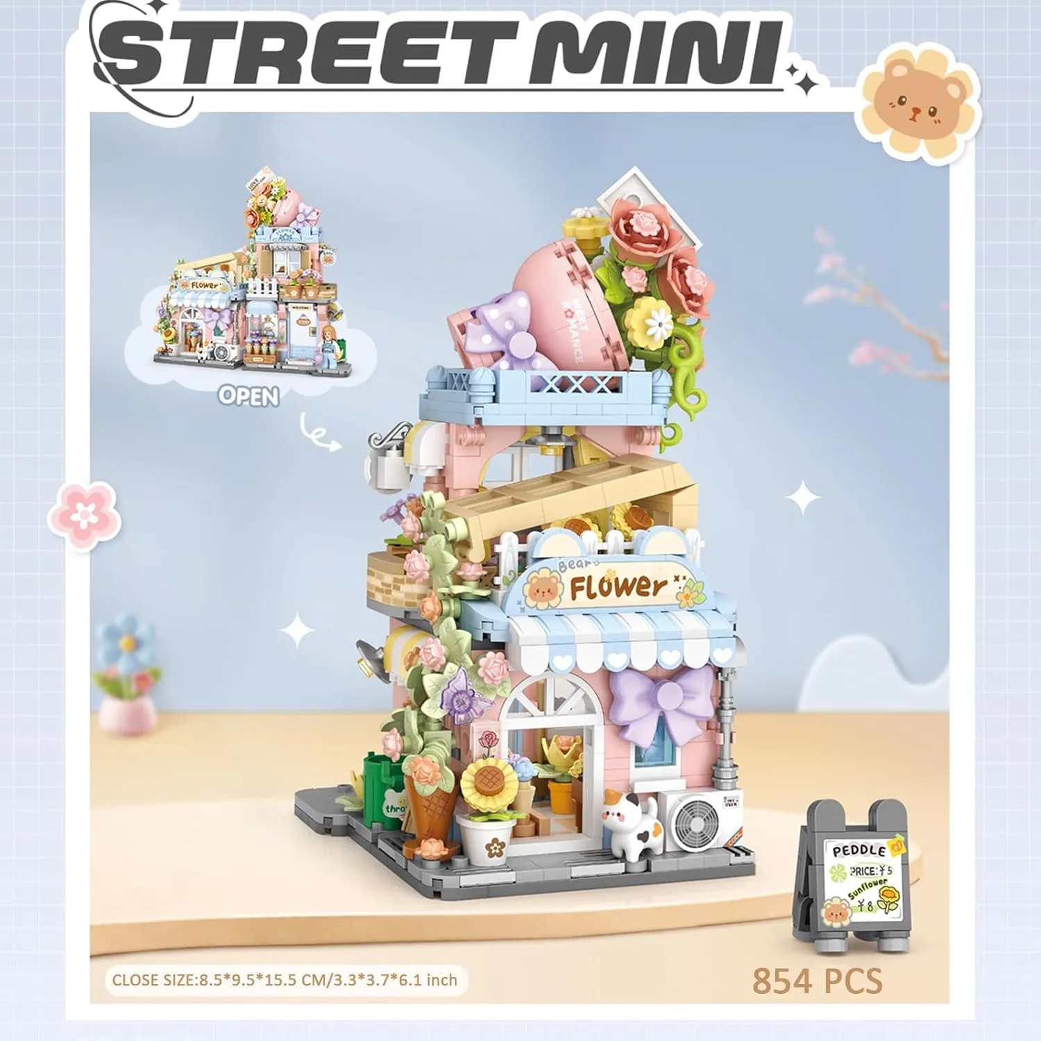 Mini City Shop Street View Building Blocks Model Set,Simulation Animals Architecture Collection Particle Construction Building Bricks Toy,Home Decoration (Flower Shop)