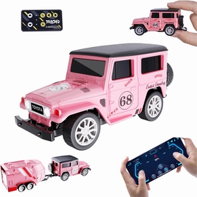Mini RC Car with APP Control, 1:64 Scale Off-Road Vehicle & Trailer Toy, 2.4GHz Wireless Remote Control, LED Lights, Alloy Case, MultiControl Modes, Speed/Steering Adjustable (Pink)
