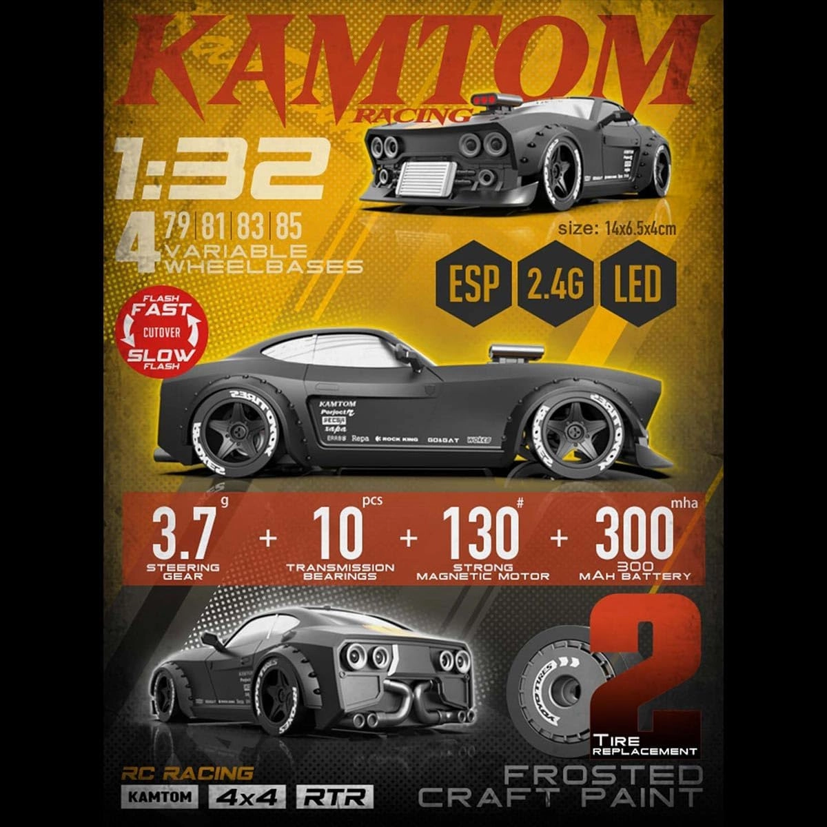 Mini RC Drift Car, 1/32 Scale 2.4G Full Proportional 4WD RC Race Car with Gyro Stabilization and 3 LED Headlight Modes, Speed 30KM/H, KM3299