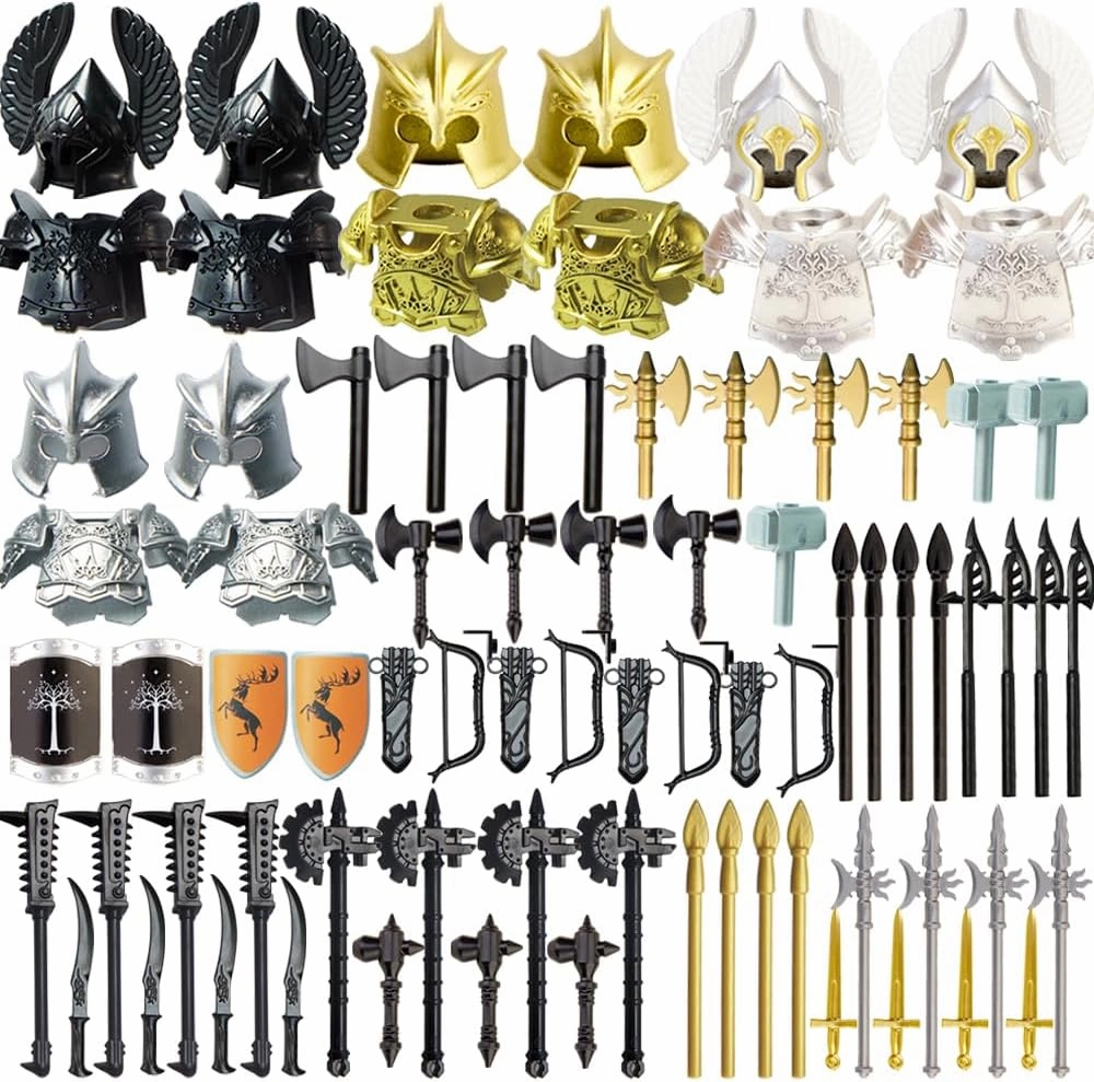 MISINI Medieval Castle Knights Weapon Pack Accessories Kit Knight People Weapons Toy Set Including Armor Helmet Shield Barding for Figures Compatible with All Major Brands