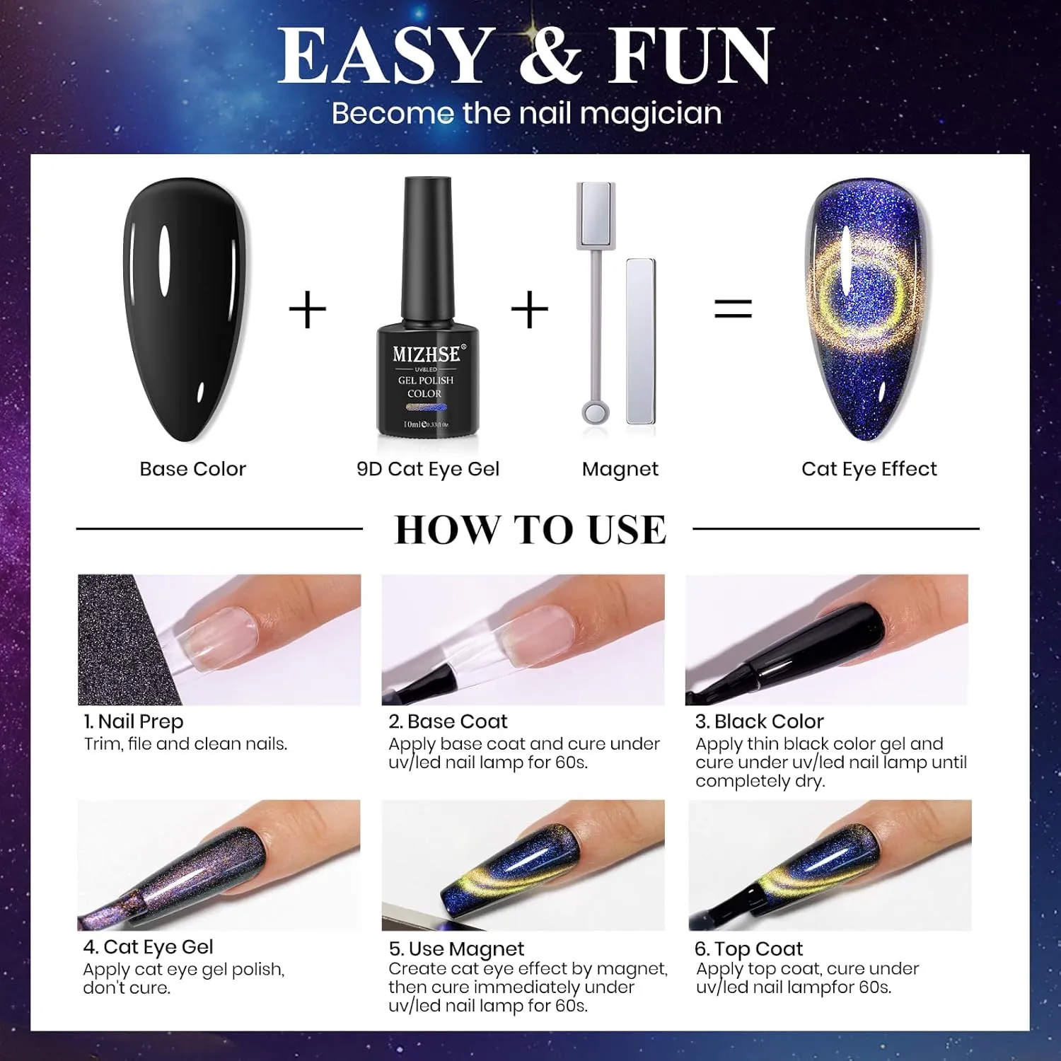 MIZHSE 9D Cat Eye Gel Nail Polish Set, Magnetic Gel Polish 10ml 6 Colors with 2 Magnet Sticks, Chameleon Galaxy Shiny Magic Effect Cateye Nail Polish Soak off Nail Art Gift for Women