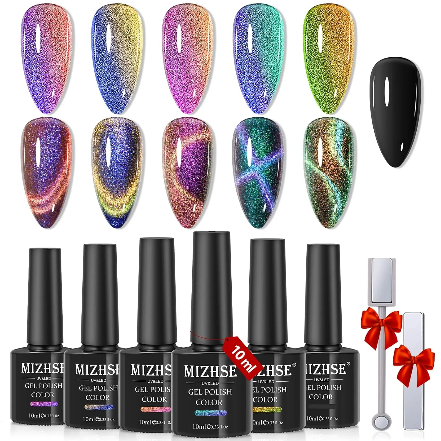 MIZHSE 9D Cat Eye Gel Nail Polish Set, Magnetic Gel Polish 10ml 6 Colors with 2 Magnet Sticks, Chameleon Galaxy Shiny Magic Effect Cateye Nail Polish Soak off Nail Art Gift for Women