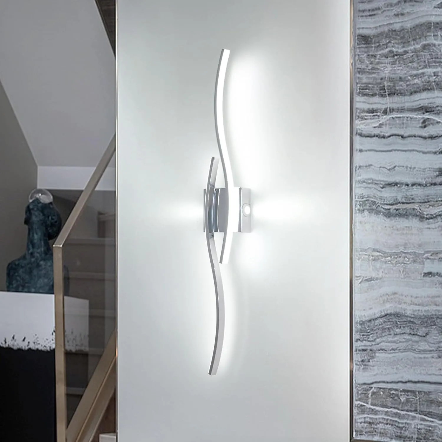 Modern Led Wall Sconces, 32inch Bathroom Mirror Vanity Light, 28W 6000K Wall Light Fixtures Stair Lights, Indoor Wall Decor Bedside Wall Lamp for Bedroom Living Room Hallway Hotel - Silver
