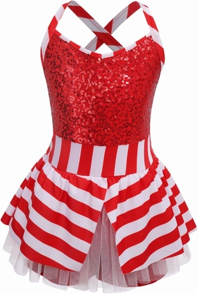 Moily Kids Shiny Sequins Stripes Gymnastics Dance Figure Skating Leotard for Girls Christmas Party Candy Cane Costume