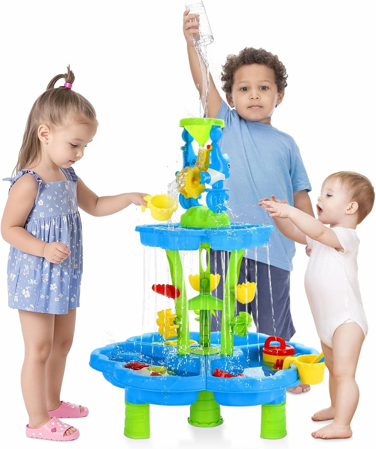 MoKo Water Table for Toddler 3 , 3-Tier Water Table for Kids Ages 4-8 for Outdoors Play, Kids Water and Sand Activity Sensory Playset, Sensory Table for Summer Beach Backyard, Blue-Green Dolphins