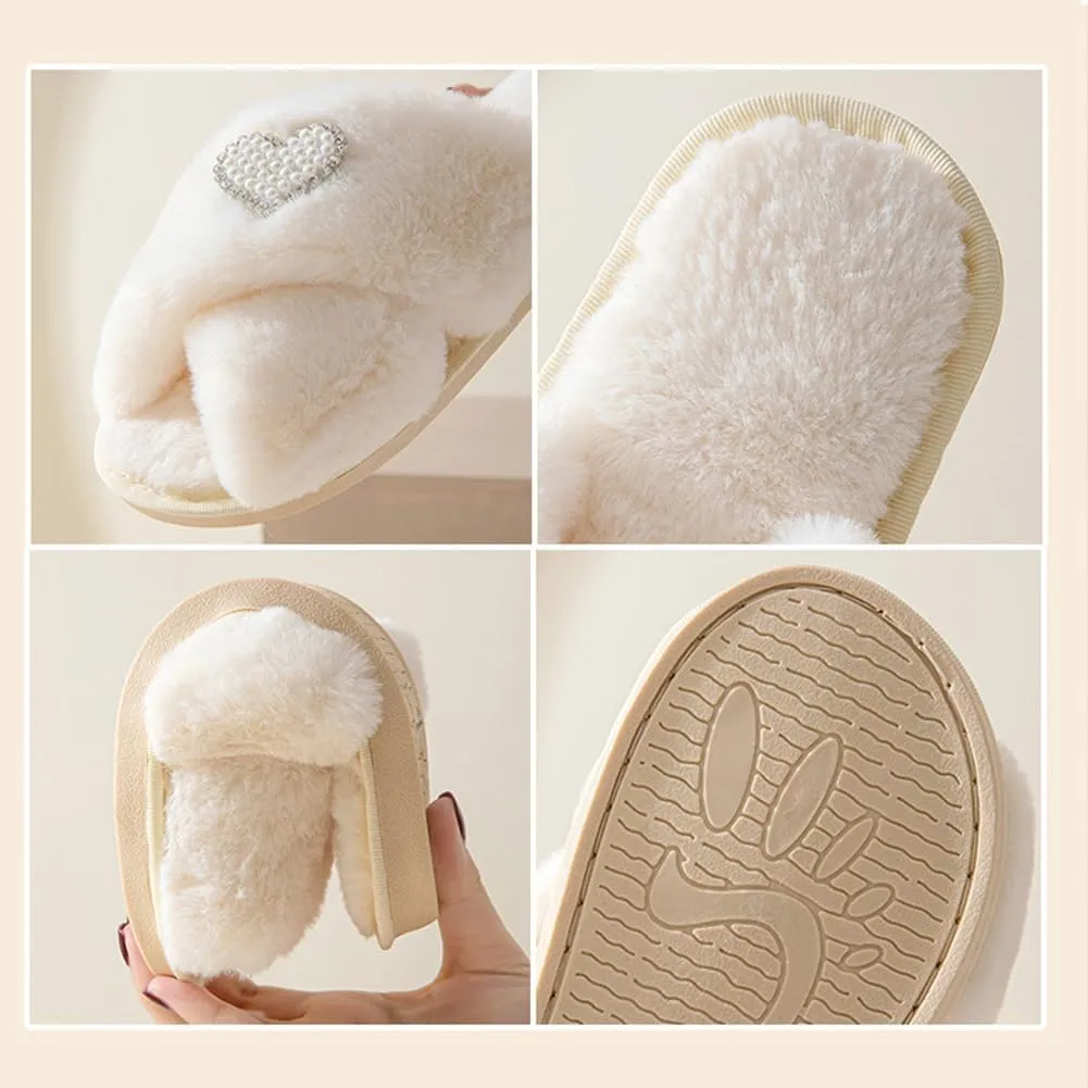 MOM Slippers for Women, Fuzzy Cross Slippers Open Toe House Shoes Gift for Women Mothers Day Plush Furry Warm Cozy