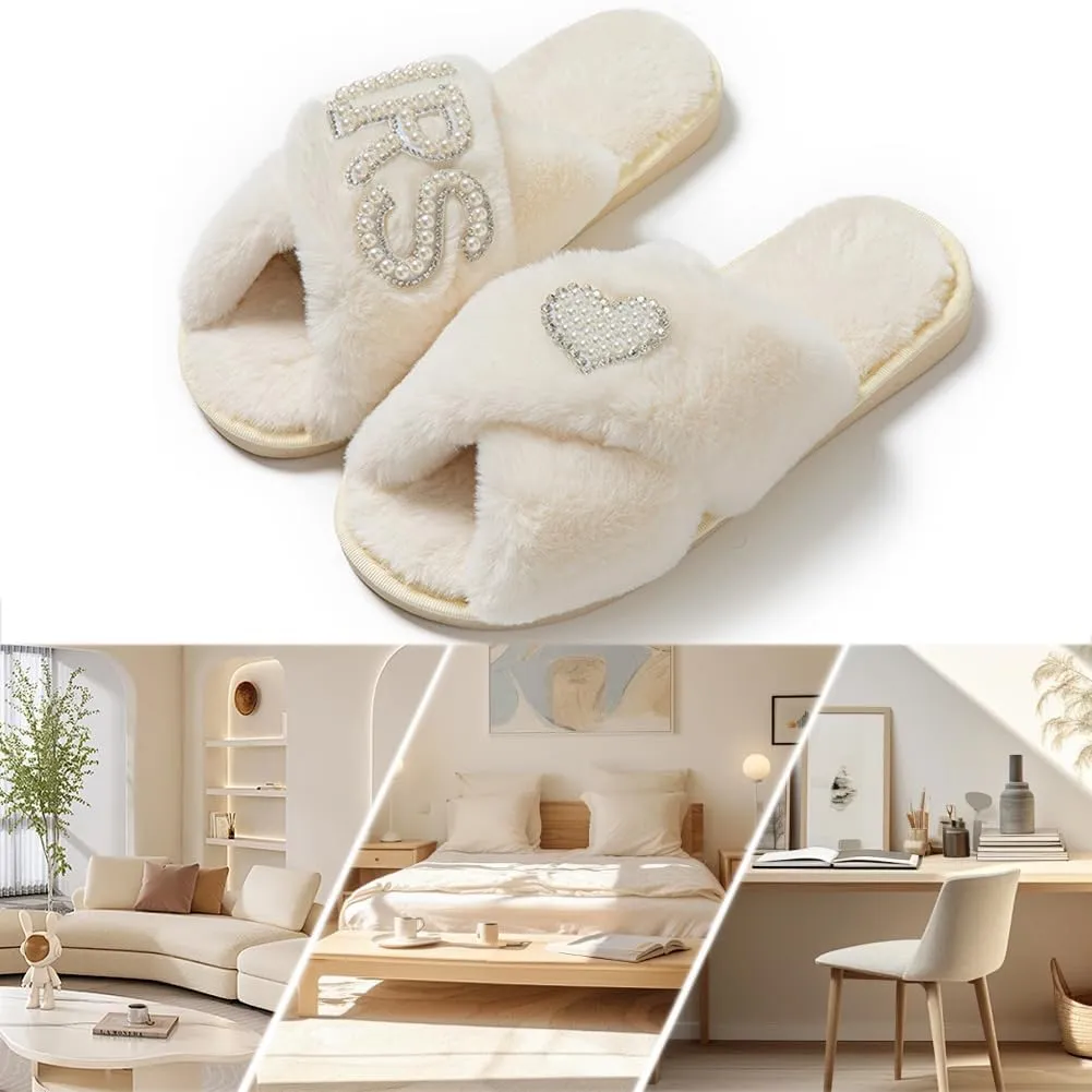 MOM Slippers for Women, Fuzzy Cross Slippers Open Toe House Shoes Gift for Women Mothers Day Plush Furry Warm Cozy