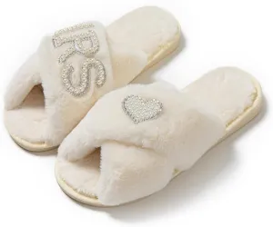 MOM Slippers for Women, Fuzzy Cross Slippers Open Toe House Shoes Gift for Women Mothers Day Plush Furry Warm Cozy