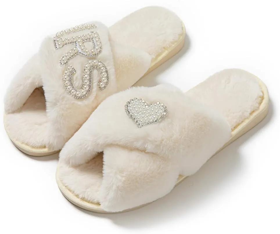 MOM Slippers for Women, Fuzzy Cross Slippers Open Toe House Shoes Gift for Women Mothers Day Plush Furry Warm Cozy