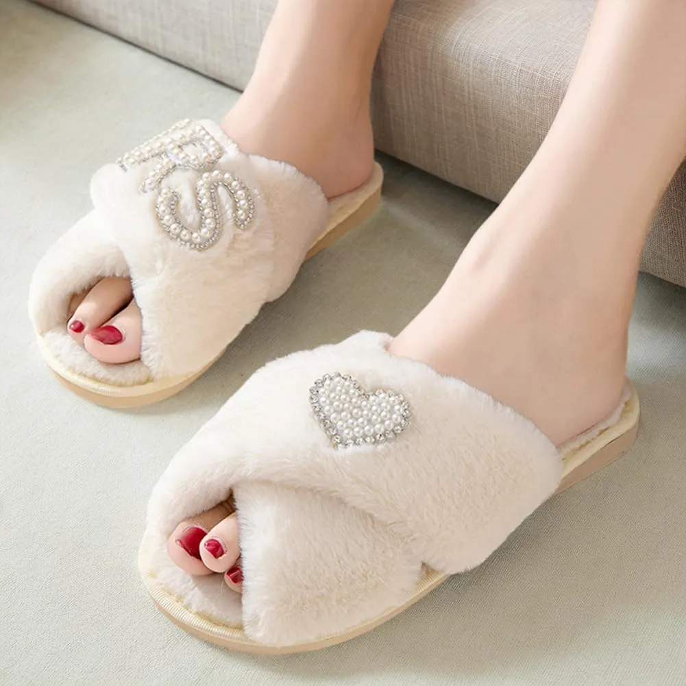 MOM Slippers for Women, Fuzzy Cross Slippers Open Toe House Shoes Gift for Women Mothers Day Plush Furry Warm Cozy