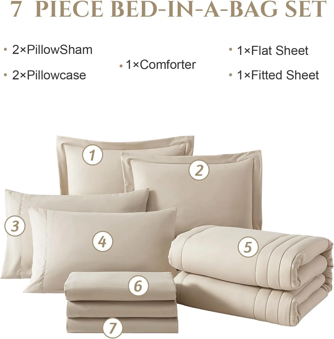 Monbix Queen Comforter Set - 7 Pieces Apricot Beige Bed in a Bag Queen Bedding Sets with Comforters, All Seasons Down Alternative Comforter Bed Set with Sheets,Pillowcases & Shams