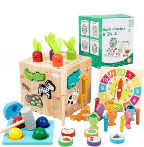Montessori Toys for Kids, 8 in 1 Wooden Toy Kit with Animal Pairing, Fruit Color Sorting, Fishing, Knocking Ball Game, Fine Motor Skill Busy Activity Cube, Gift for Toddler Baby 3 4 5 6 7 8 Years Old