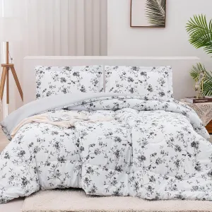 Mooreeke Floral Queen Size Comforter Sets, Grey & White Vintage Botanical Printed, Lightweight Bedding for All Seasons, 3-Piece Bed in a Bag with Fluffy Quilted Reversible Comforter & 2 Pillow Shams