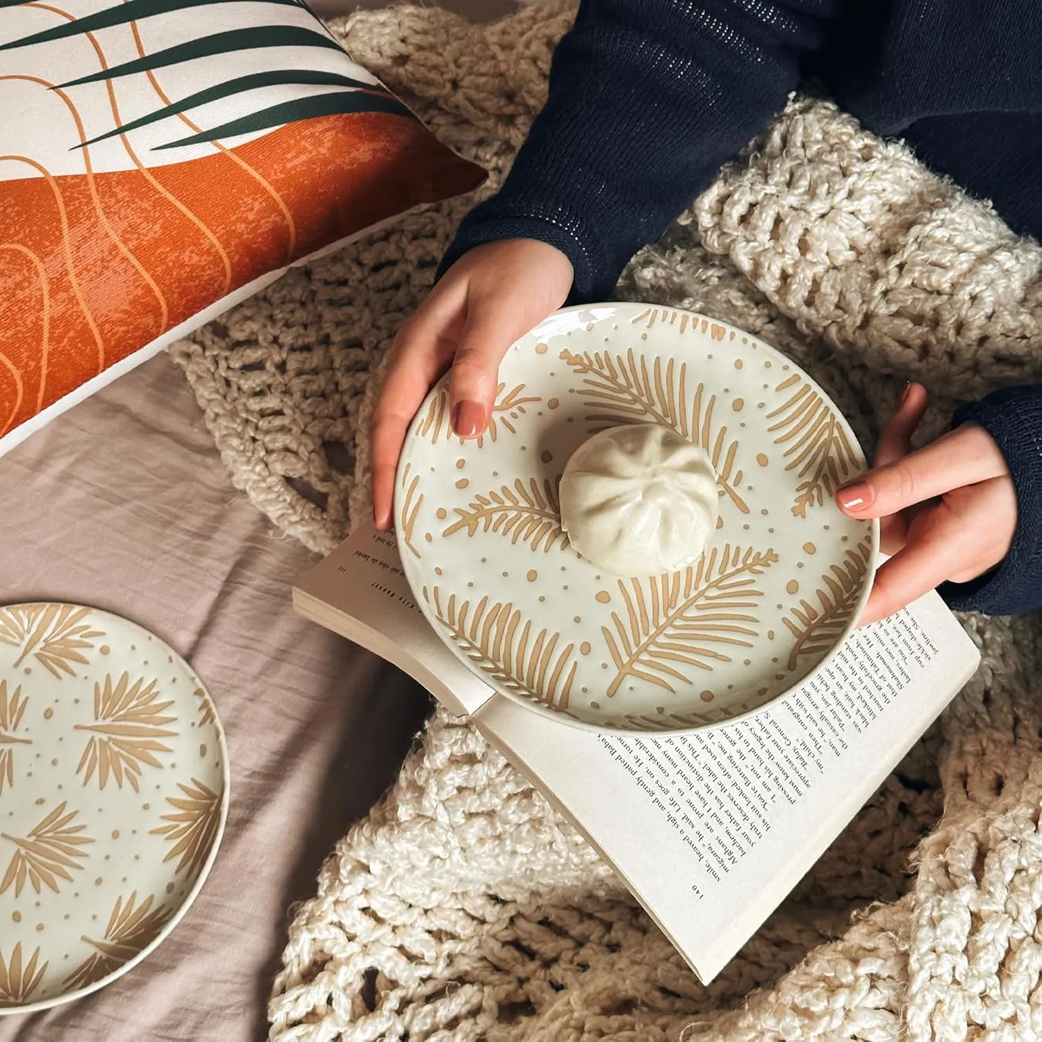 Mora Ceramic Boho Leaves Plates Set of 6-7.8in - Dessert, Salad, Appetizer, Party Serving Plate. Microwave, Oven, and Dishwasher Safe, Scratch Resistant Porcelain Dish, Leaf Pattern, Creamy Beige