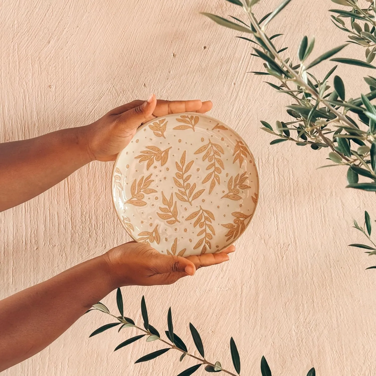Mora Ceramic Boho Leaves Plates Set of 6-7.8in - Dessert, Salad, Appetizer, Party Serving Plate. Microwave, Oven, and Dishwasher Safe, Scratch Resistant Porcelain Dish, Leaf Pattern, Creamy Beige
