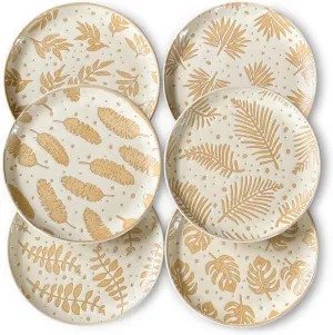 Mora Ceramic Boho Leaves Plates Set of 6-7.8in - Dessert, Salad, Appetizer, Party Serving Plate. Microwave, Oven, and Dishwasher Safe, Scratch Resistant Porcelain Dish, Leaf Pattern, Creamy Beige