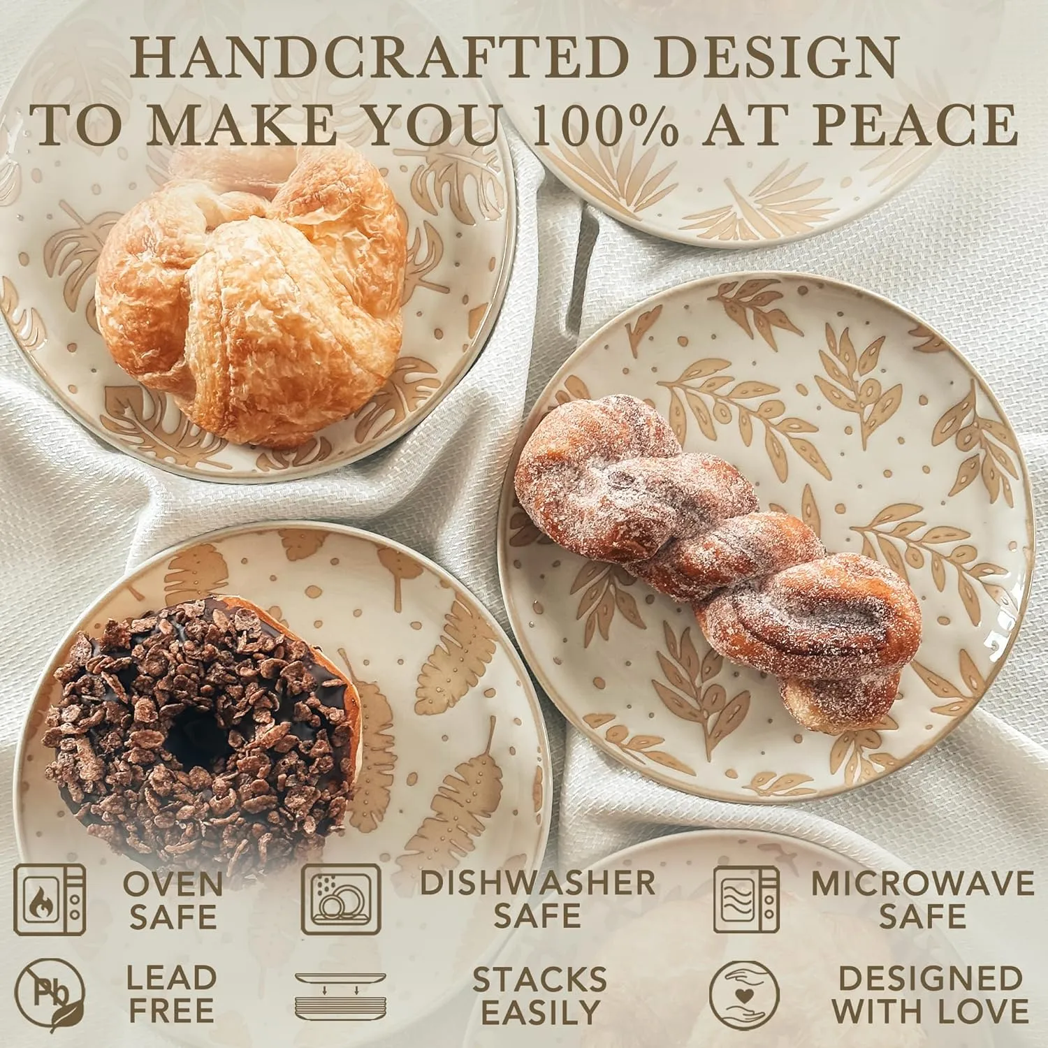 Mora Ceramic Boho Leaves Plates Set of 6-7.8in - Dessert, Salad, Appetizer, Party Serving Plate. Microwave, Oven, and Dishwasher Safe, Scratch Resistant Porcelain Dish, Leaf Pattern, Creamy Beige