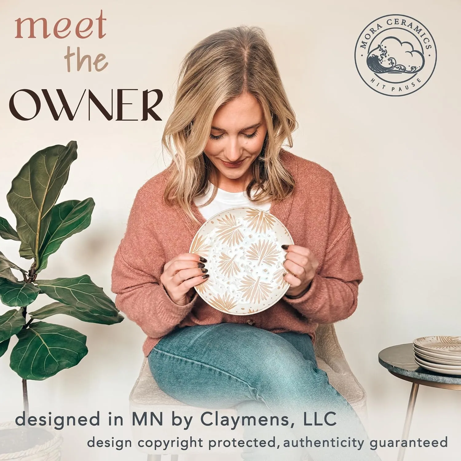 Mora Ceramic Boho Leaves Plates Set of 6-7.8in - Dessert, Salad, Appetizer, Party Serving Plate. Microwave, Oven, and Dishwasher Safe, Scratch Resistant Porcelain Dish, Leaf Pattern, Creamy Beige