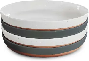 Mora Ceramic Flat Pasta Bowl Set of 4-35oz, Microwave Safe Plate with High Edge - Modern Dinnerware for Kitchen and Eating, Large Wide Bowls/Plates for Serving Dinner, Salad, etc- Vanilla & Charcoal