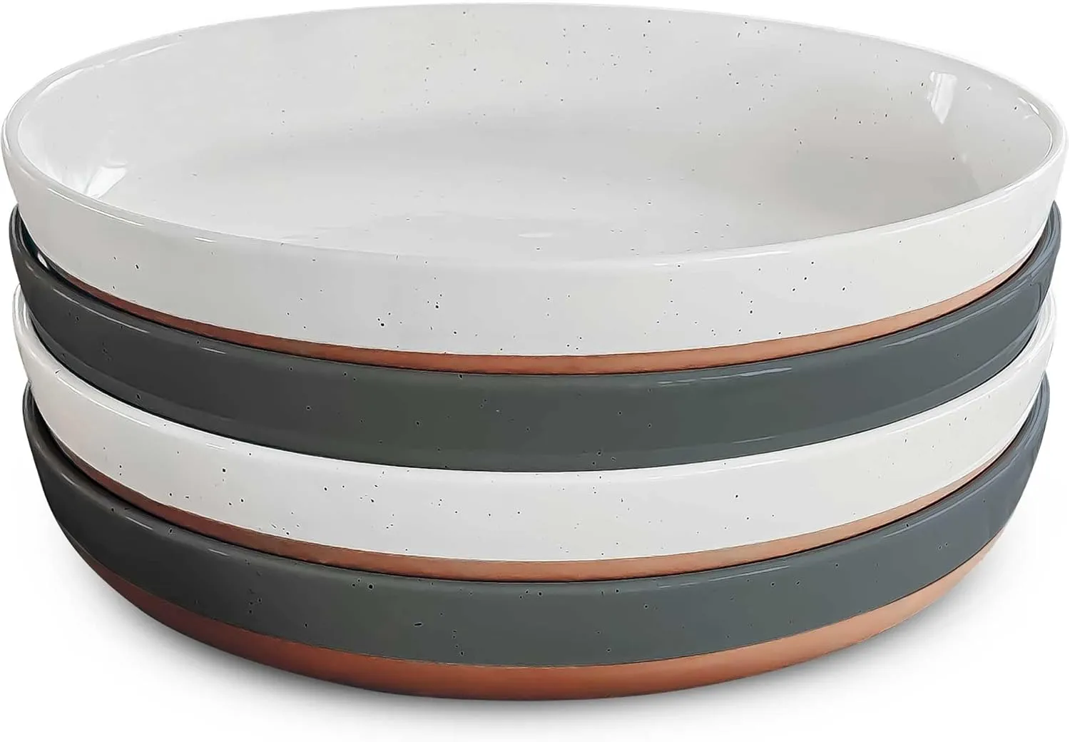 Mora Ceramic Flat Pasta Bowl Set of 4-35oz, Microwave Safe Plate with High Edge - Modern Dinnerware for Kitchen and Eating, Large Wide Bowls/Plates for Serving Dinner, Salad, etc- Vanilla & Charcoal
