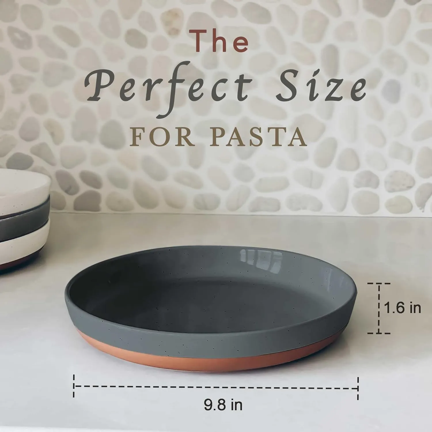 Mora Ceramic Flat Pasta Bowl Set of 4-35oz, Microwave Safe Plate with High Edge - Modern Dinnerware for Kitchen and Eating, Large Wide Bowls/Plates for Serving Dinner, Salad, etc- Vanilla & Charcoal