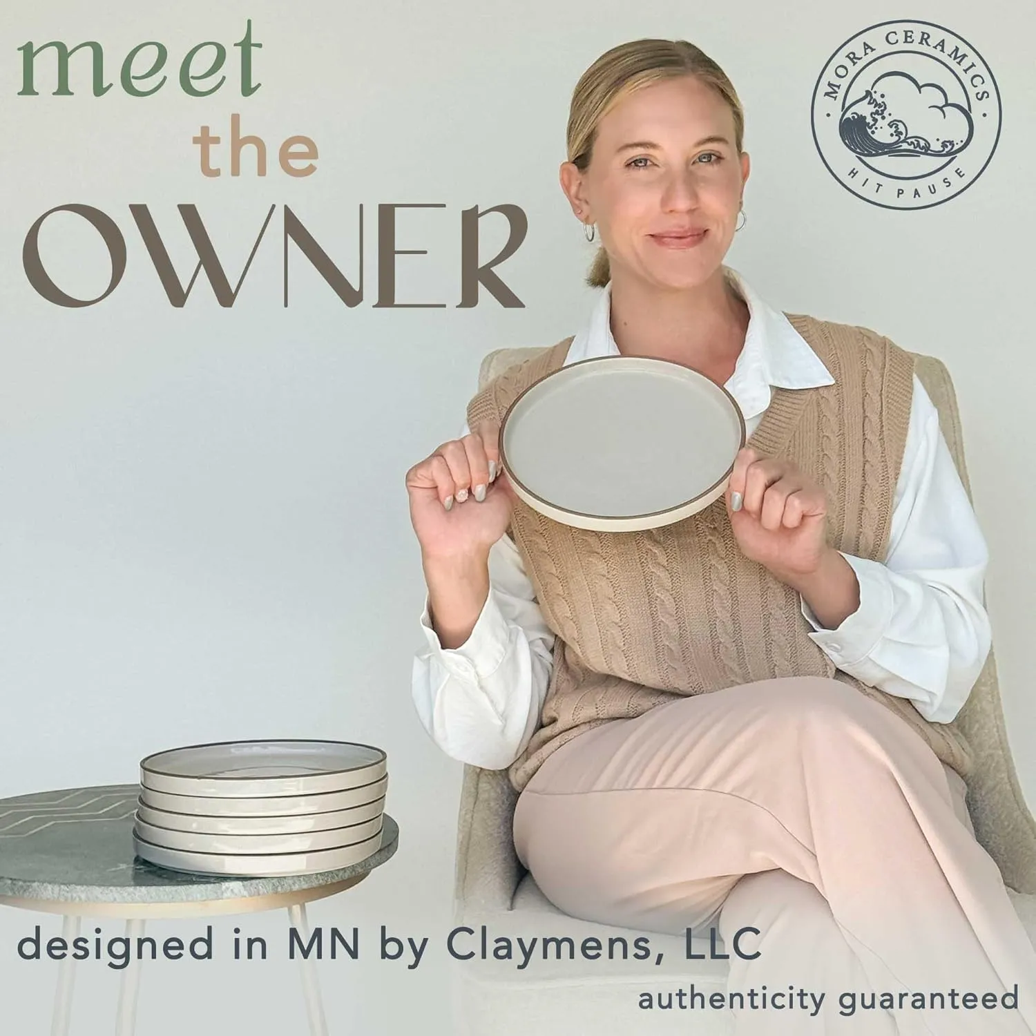 Mora Ceramic Flat Plates Set of 6-8 in - The Dessert, Salad, Appetizer, Small Lunch, etc Plate. Microwave, Oven, and Dishwasher Safe, Scratch Resistant. Kitchen Porcelain Dish - Earl Grey