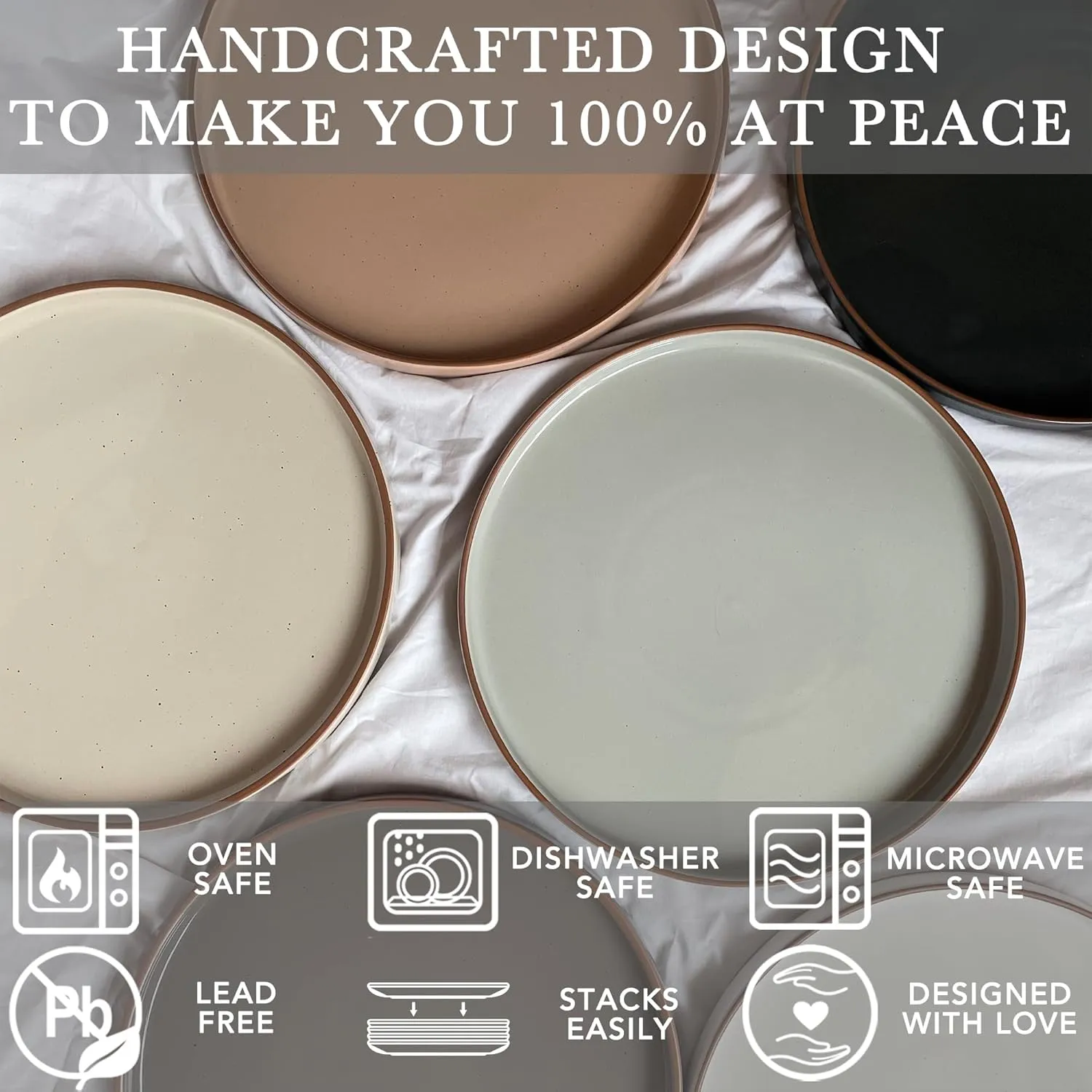Mora Ceramic Flat Plates Set of 6-8 in - The Dessert, Salad, Appetizer, Small Lunch, etc Plate. Microwave, Oven, and Dishwasher Safe, Scratch Resistant. Kitchen Porcelain Dish - Neutrals